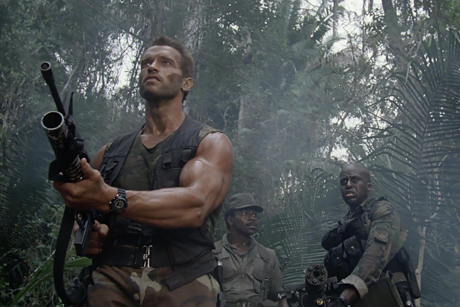 Guns of Predator 1987 movie team loadout in jungle with SP1 and M134 minigun