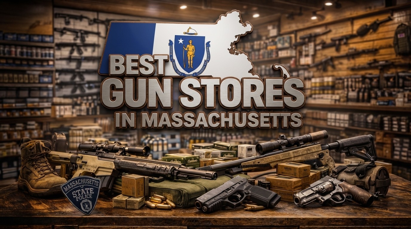 Best gun stores in Massachusetts: interior of a Boston-area FFL dealer with LTC roster counter