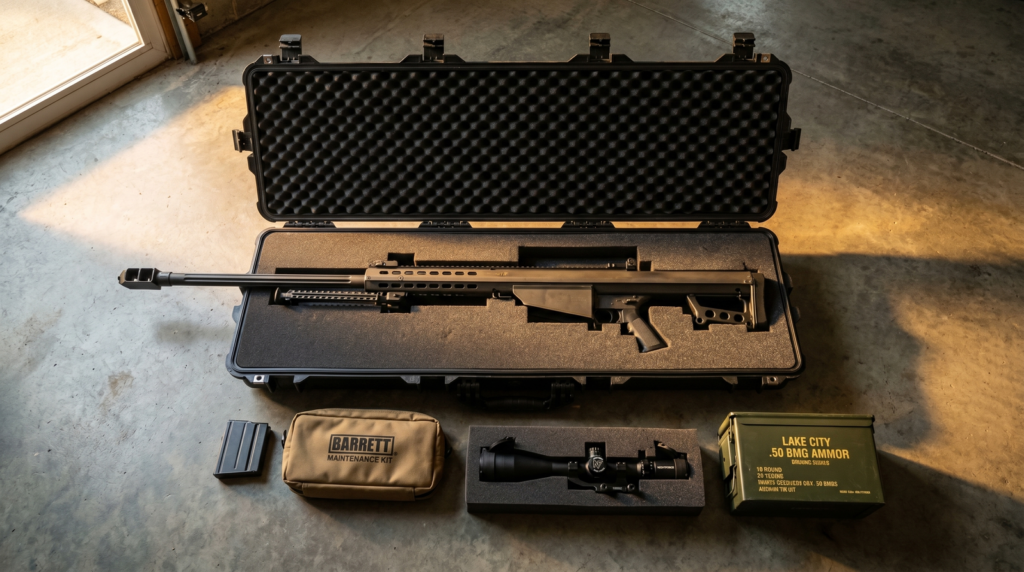 Barrett M82A1 Review (2026): Shooting the Most Famous .50 Cal in the World 16 Barrett M82A1 in two-piece breakdown inside Pelican 1750 hard case flat-lay