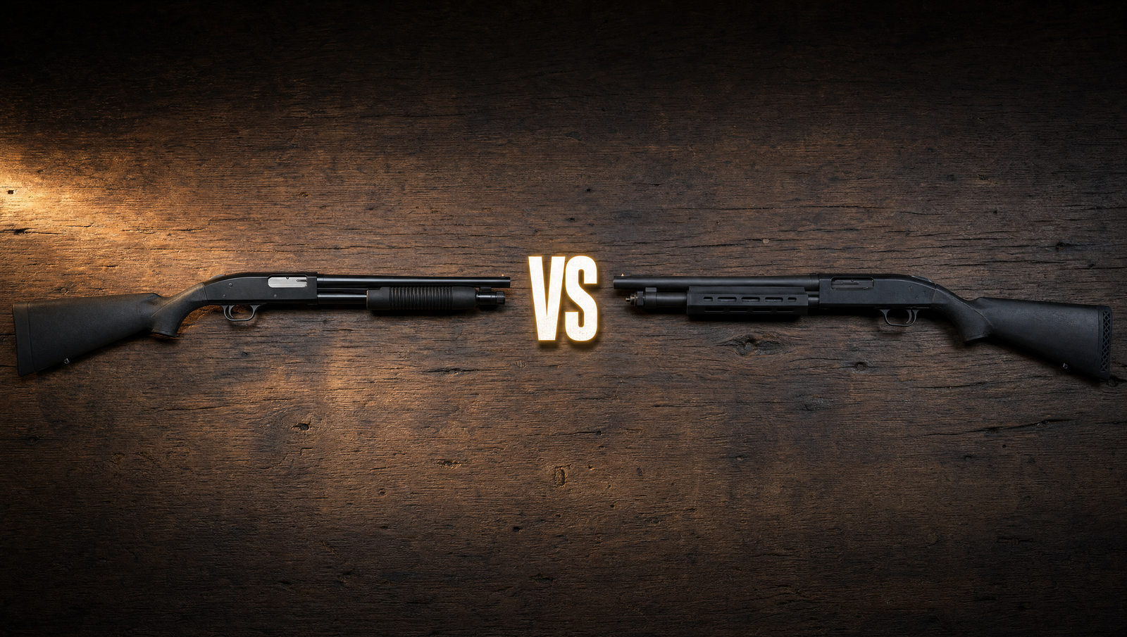 Mossberg 500 Tactical and Mossberg 590A1 pump shotguns facing each other on a weathered workbench with VS title card between them