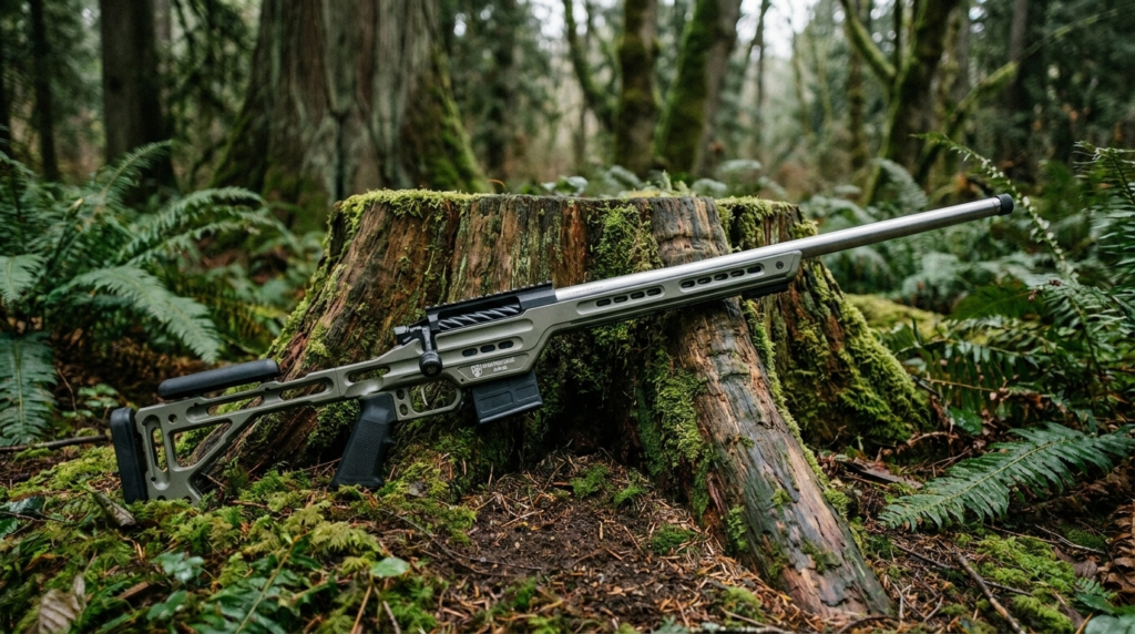 MPA BA Hybrid Review (2026): The PRS Dominator, Tested 3 MPA BA Hybrid precision rifle resting against a mossy stump in a forest