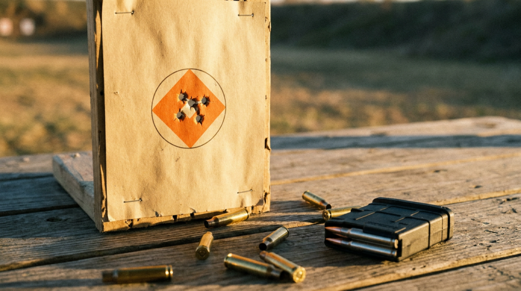 MPA BA Hybrid Review (2026): The PRS Dominator, Tested 8 Tight 6.5 Creedmoor group on a paper target with scattered brass and an AICS magazine