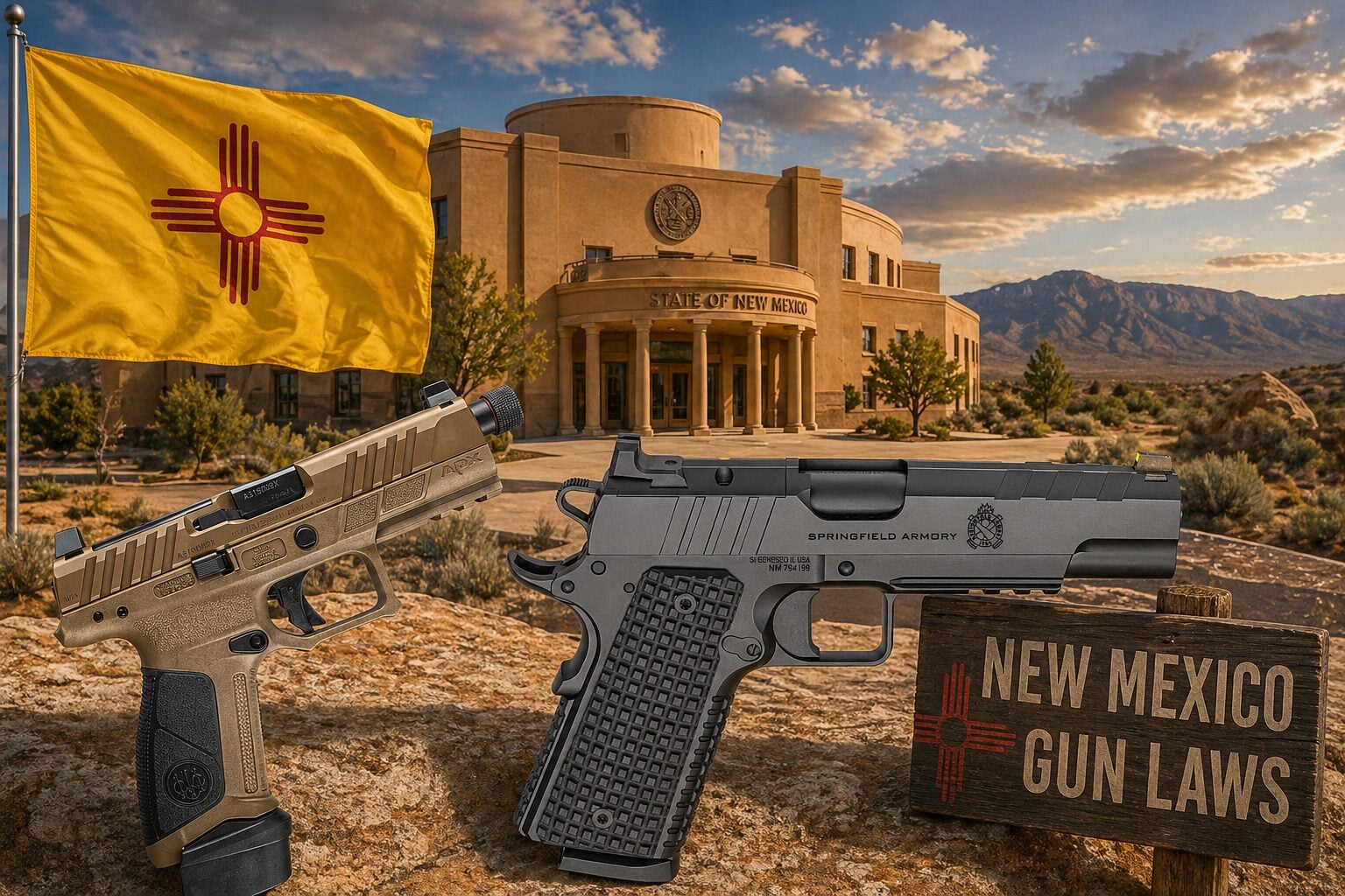 New Mexico gun laws — concealed handgun license, open carry, universal background checks, and Land of Enchantment desert with American flag