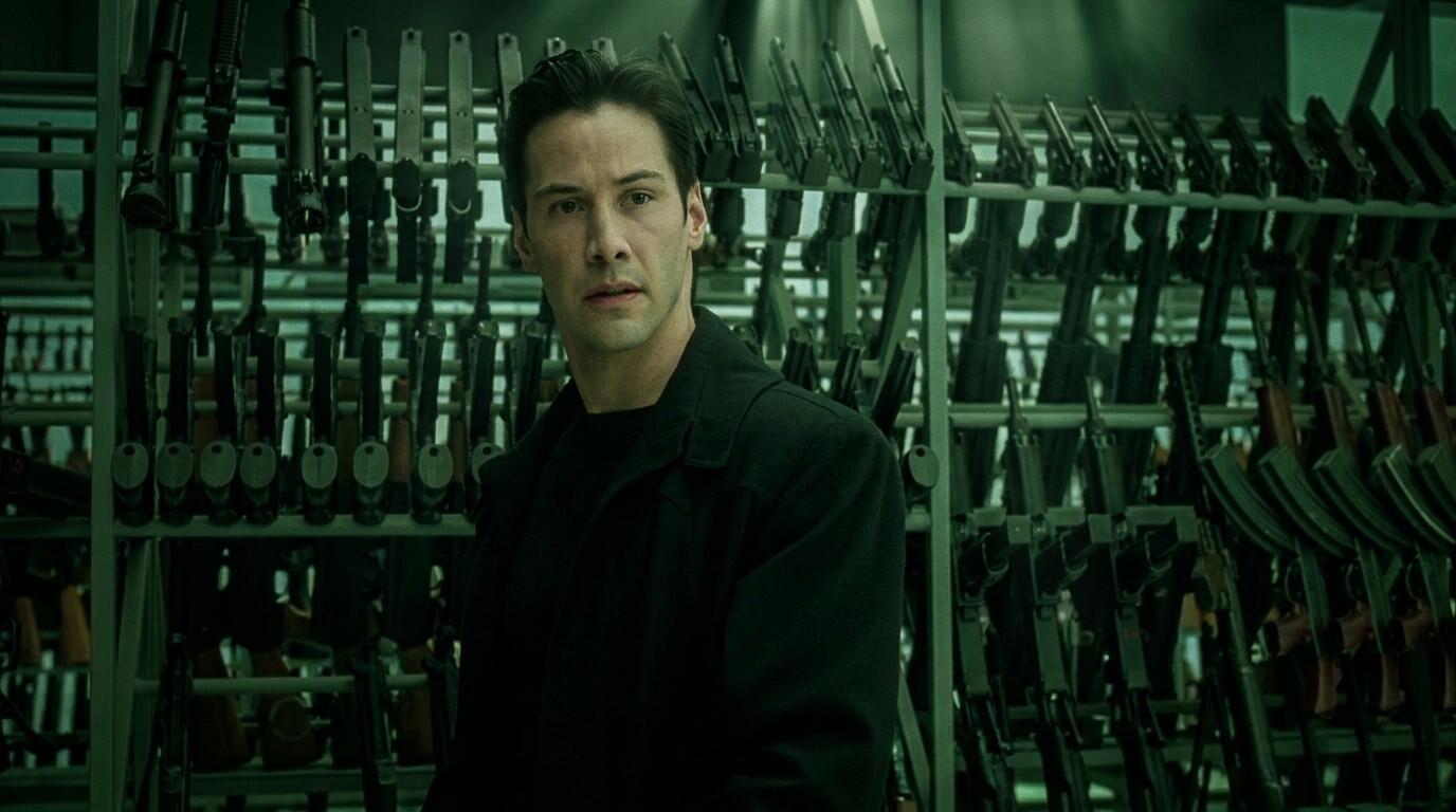 The Guns of The Matrix (1999): Every Weapon Identified 4 Neo with guns from The Matrix lobby scene, featured image