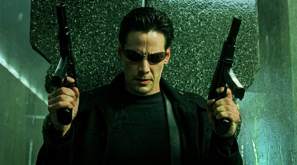 The Guns of The Matrix (1999): Every Weapon Identified 32 Neo aiming dual Skorpion vz.61 machine pistols in The Matrix lobby scene
