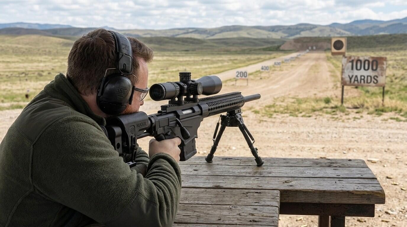 How We Test Firearms 1 Long-range precision rifle testing at an outdoor range, bipod-mounted bolt-action with 1000-yard target line in view