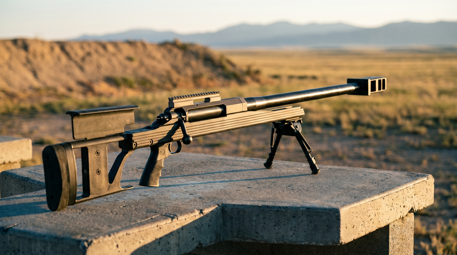 Armalite AR-50A1 review hero — .50 BMG bolt-action rifle on weathered concrete shooting bench at golden hour