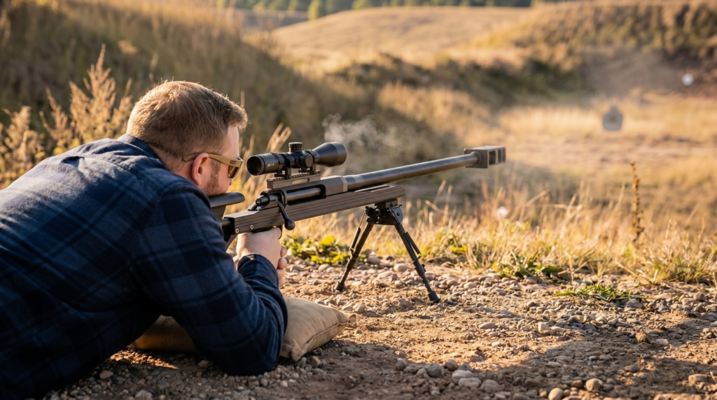 Armalite AR-50A1 Review (2026): The Underrated .50 BMG Bolt Gun 11 Shooter prone behind the Armalite AR-50A1 on its GGG bipod at an outdoor long-range rifle range