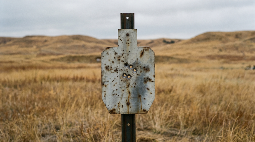 Armalite AR-50A1 Review (2026): The Underrated .50 BMG Bolt Gun 12 Weathered AR500 steel IPSC silhouette target showing tight .50 BMG impact group at long range