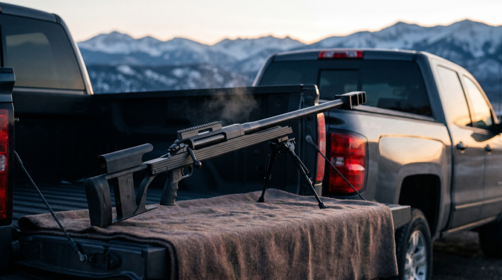 Armalite AR-50A1 Review (2026): The Underrated .50 BMG Bolt Gun 13 Armalite AR-50A1 .50 BMG rifle resting on pickup tailgate at remote mountain pullout at dawn