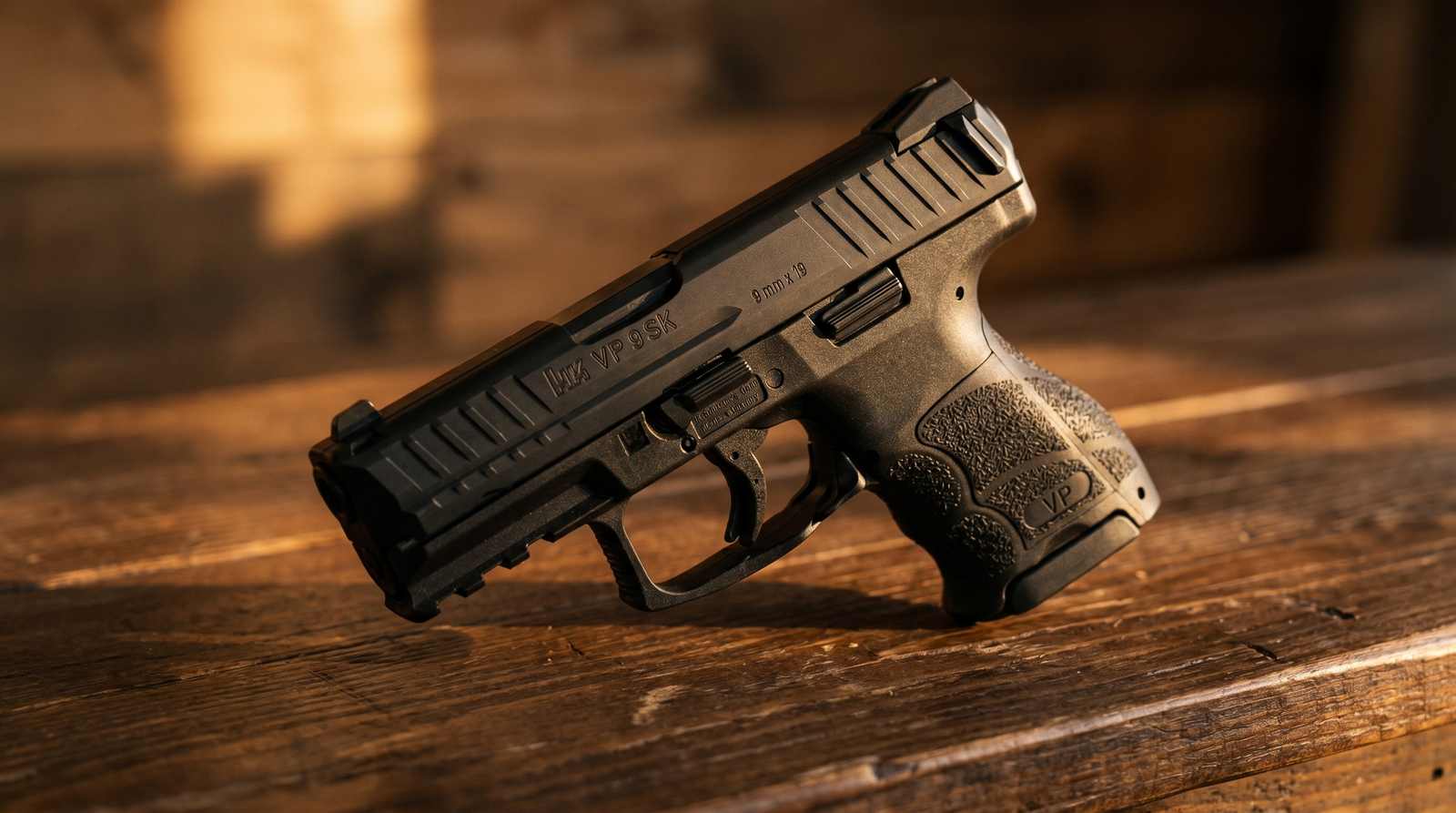 HK VP9SK review hero — 9mm subcompact pistol on weathered wood bench at golden hour