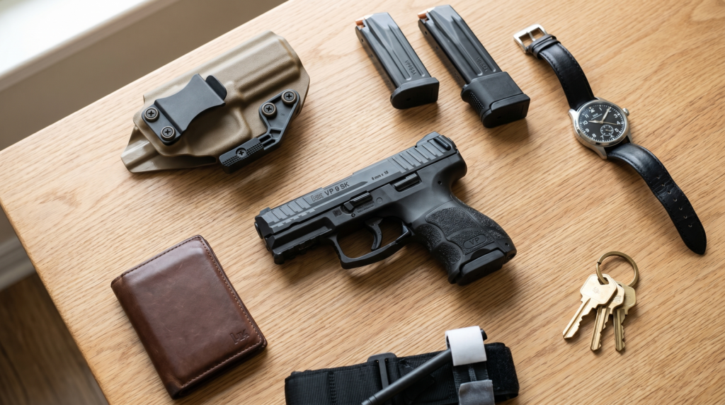 HK VP9SK Review (2026): 500 Round Test of the German Compact 15 Everyday-carry flat-lay with HK VP9SK center surrounded by IWB holster two magazines watch wallet tourniquet and keys on light oak table