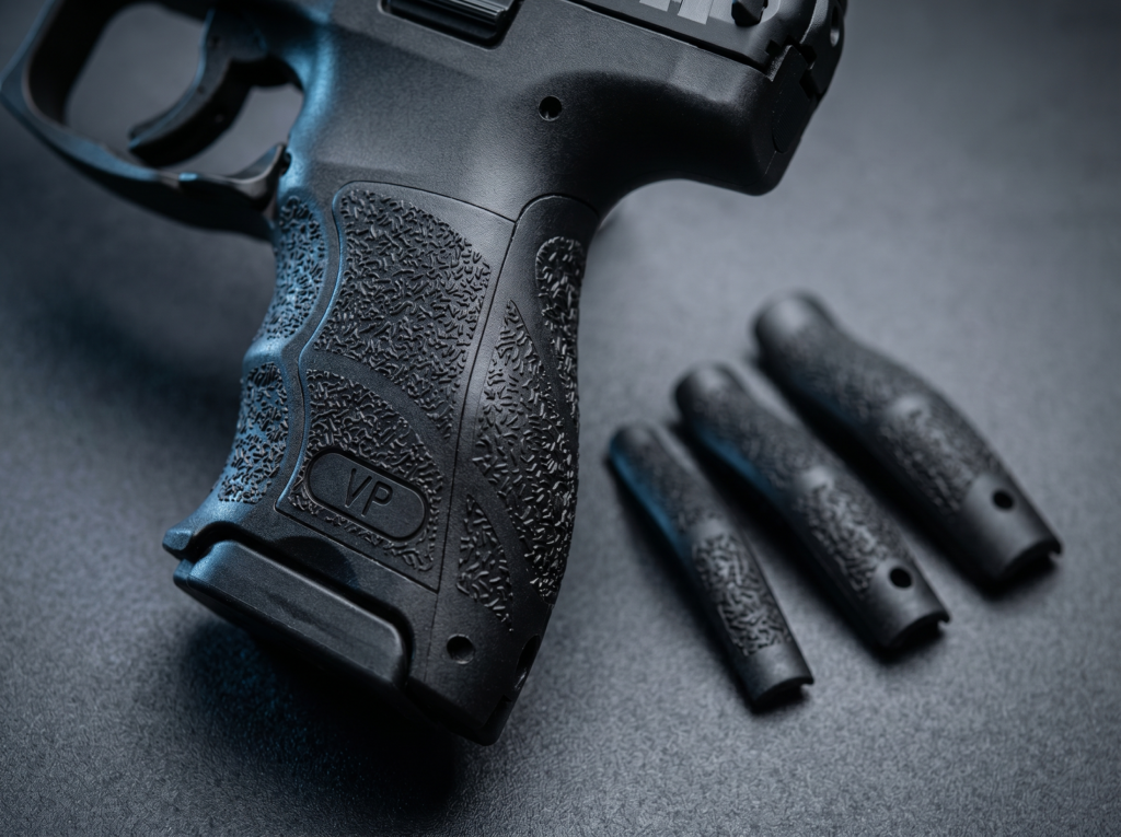 HK VP9SK Review (2026): 500 Round Test of the German Compact 11 Macro of HK VP9SK polymer grip with VP badge and three modular backstrap inserts demonstrating the 27-combination grip system