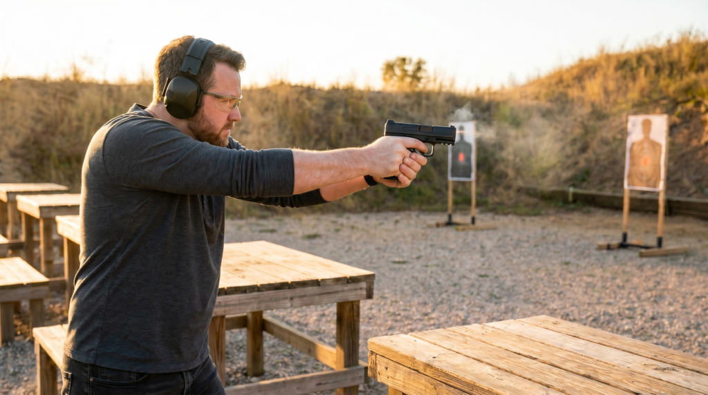 HK VP9SK Review (2026): 500 Round Test of the German Compact 13 Shooter in two-handed isosceles stance firing the HK VP9SK 9mm subcompact at an outdoor pistol range