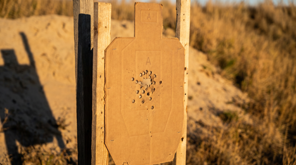 HK VP9SK Review (2026): 500 Round Test of the German Compact 14 IPSC paper silhouette target showing a tight 2-3 inch 9mm group in the center A-zone shot from the HK VP9SK at 10 yards
