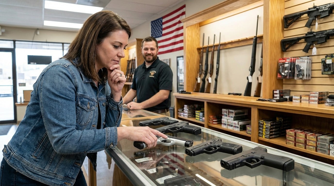 Woman in gun store