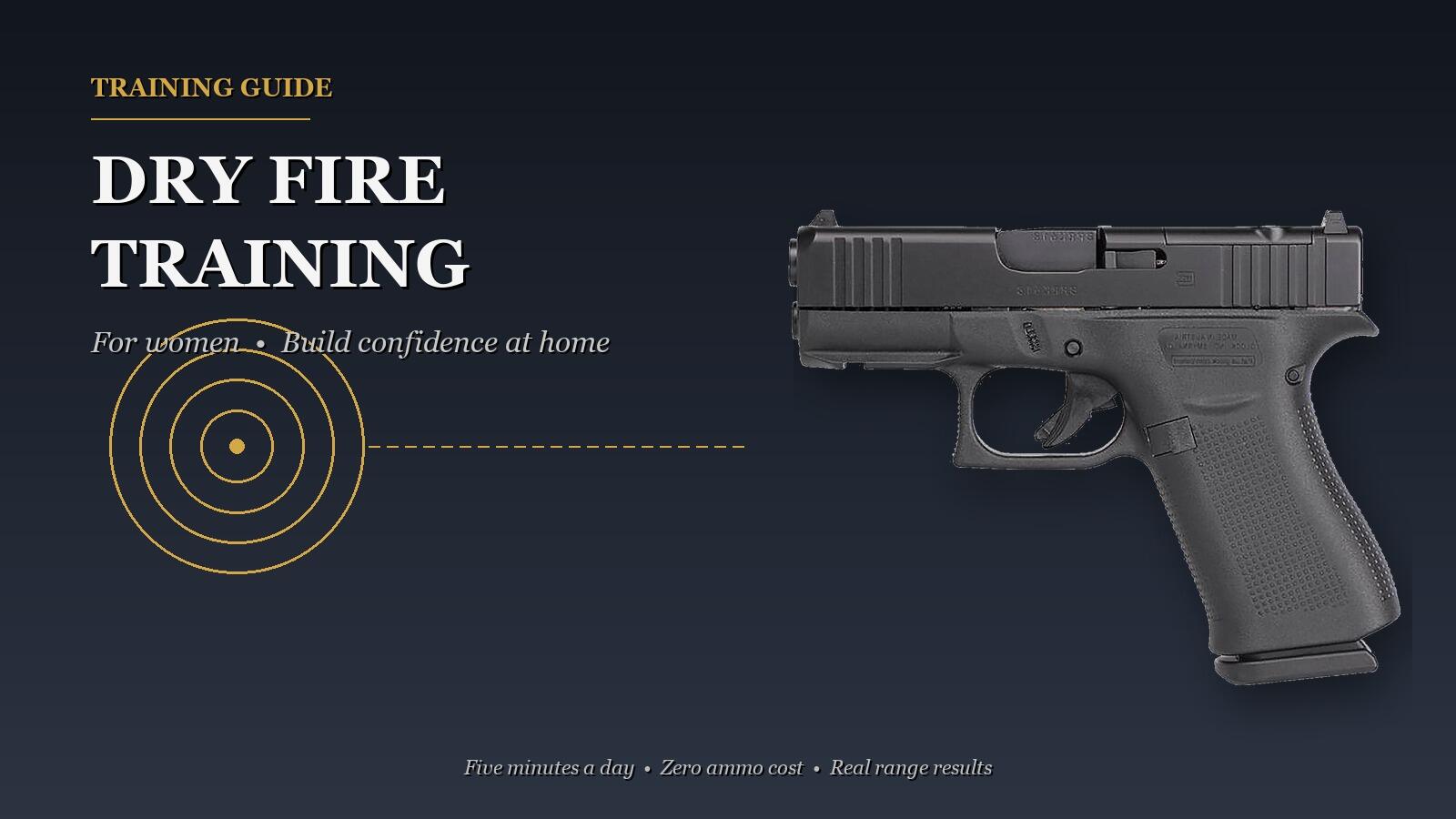 Dry Fire Training for Women: Build Confidence at Home 4 Dry fire training for women — Glock 43X aimed at a wall target during home practice with concentric target rings and trajectory line
