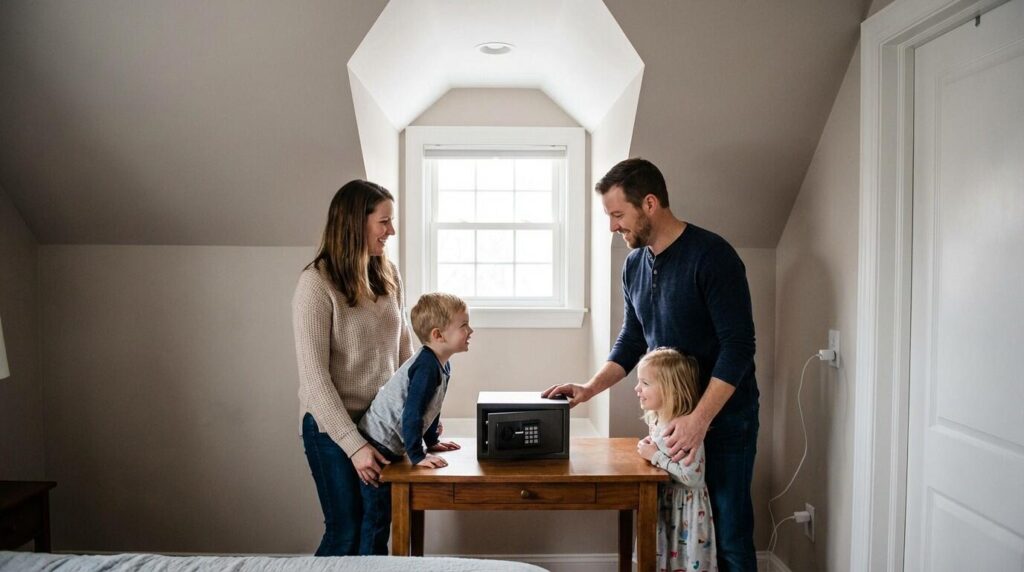 Home Defense with Kids in the House (2026): Safe Storage, Family Plans & Picks 8 Family of two parents and two young children standing around a small bedside electronic safe on a wooden table in a sunlit upstairs bedroom illustrating safe firearm storage in a home with children