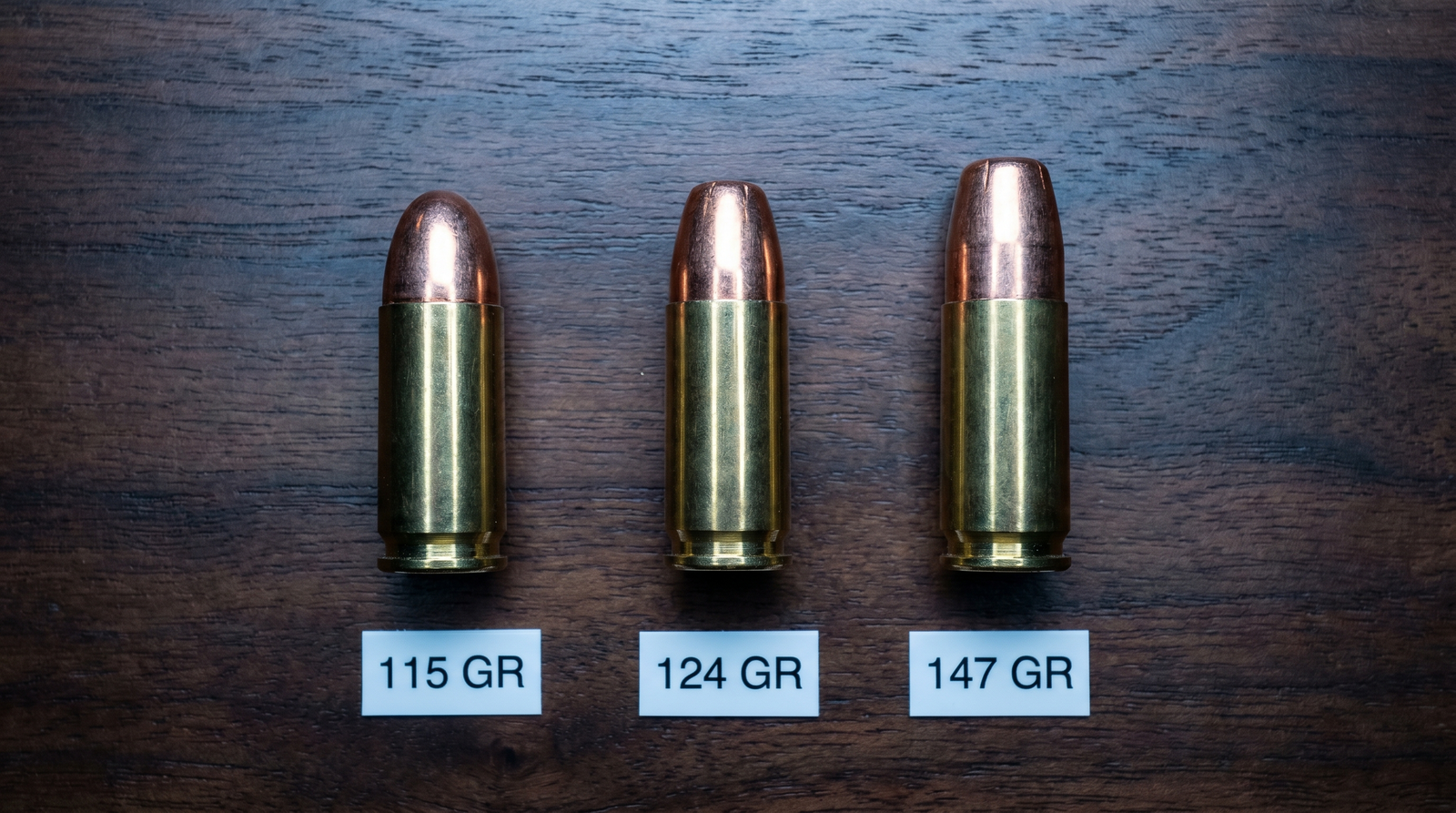 Best 9mm Ammo for Self Defense and Range (2026) 41 Editorial top-down macro of three 9mm Luger cartridges standing upright in a row on polished dark walnut surface with white card labels reading 115 GR, 124 GR and 147 GR showing the visible progression in bullet length and overall cartridge length as bullet weight increases from light range FMJ through standard defensive loads to subsonic short-barrel optimized weights