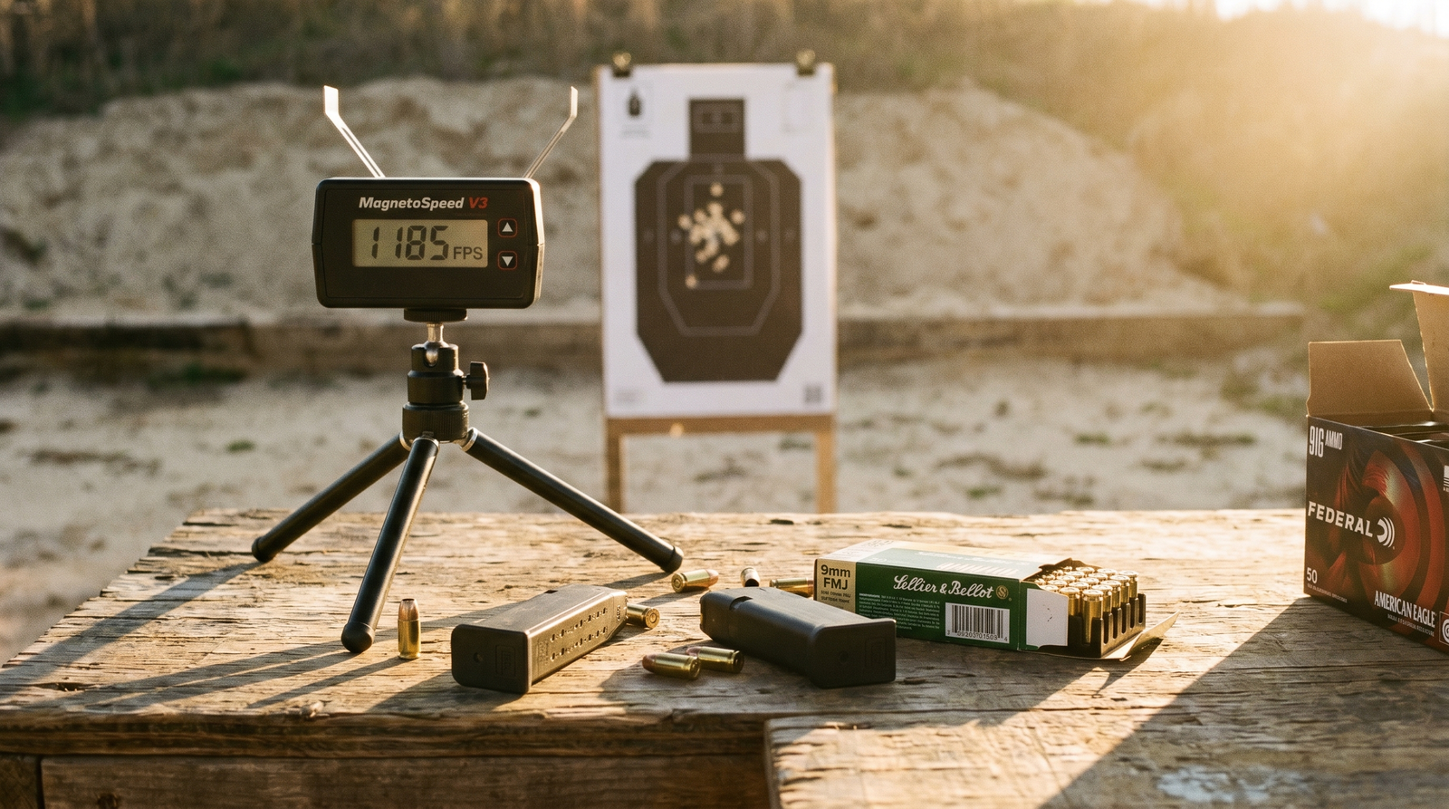 Best 9mm Ammo for Self Defense and Range (2026) 40 Cinematic editorial photograph of weathered outdoor wooden shooting bench at golden hour with Magnetospeed V3 chronograph displaying 1185 fps velocity on a tripod, open green Sellier and Bellot 50-round 9mm FMJ ammunition box, two empty Glock-pattern 17-round magazines, scattered spent 9mm brass casings on the bench, Federal American Eagle bulk box at frame edge and IPSC silhouette target at 7 yards visible in soft defocus background