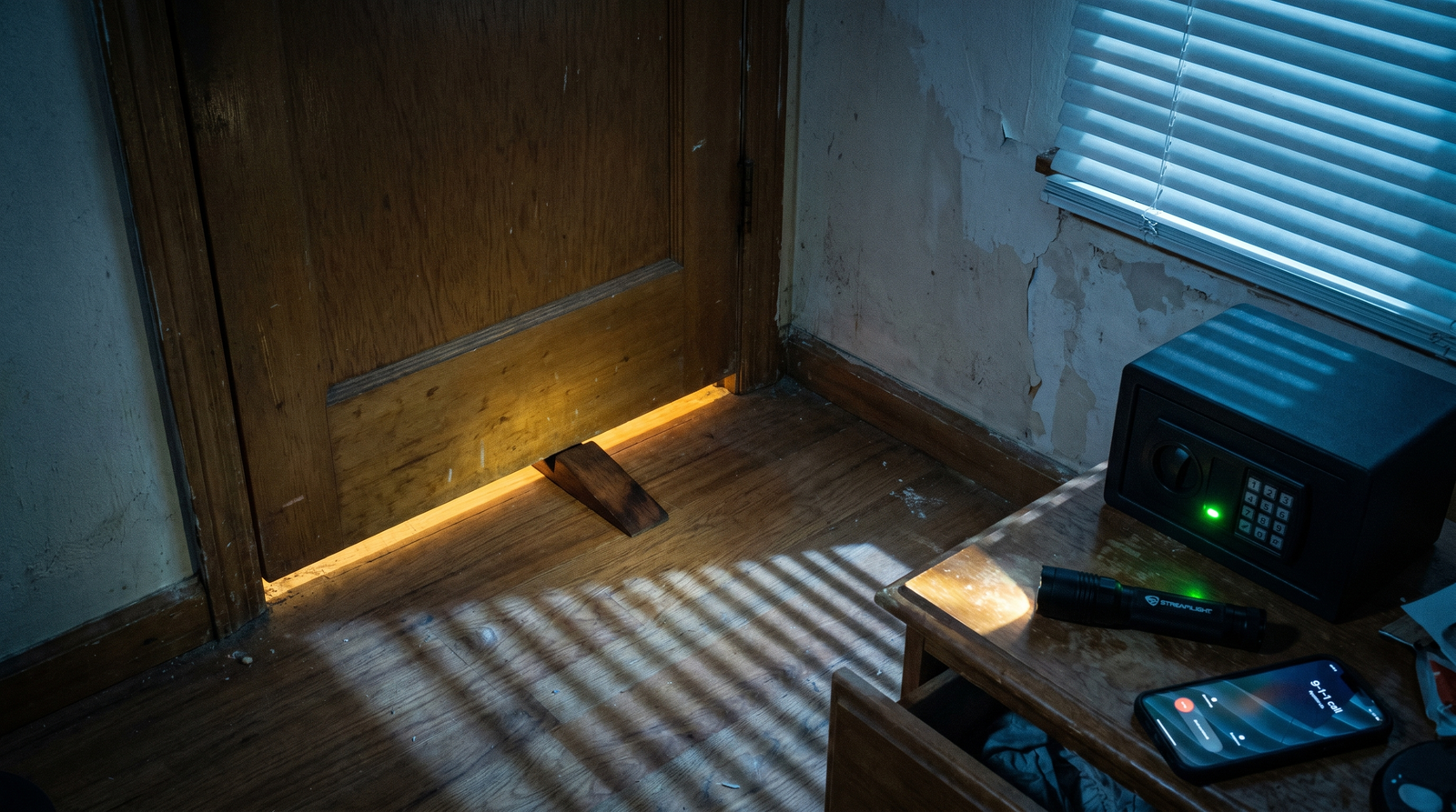 Home Defense for Apartments (2026): Guns, Ammo and Tactics 153 Low-angle interior view of a small urban apartment bedroom at night with closed wooden bedroom door barricaded by a wedge doorstop, a quick-access biometric handgun safe with green LED ready light on the nightstand, tactical flashlight, smartphone showing incoming 9-1-1 call, and venetian-blind moonlight shadows on the wood floor