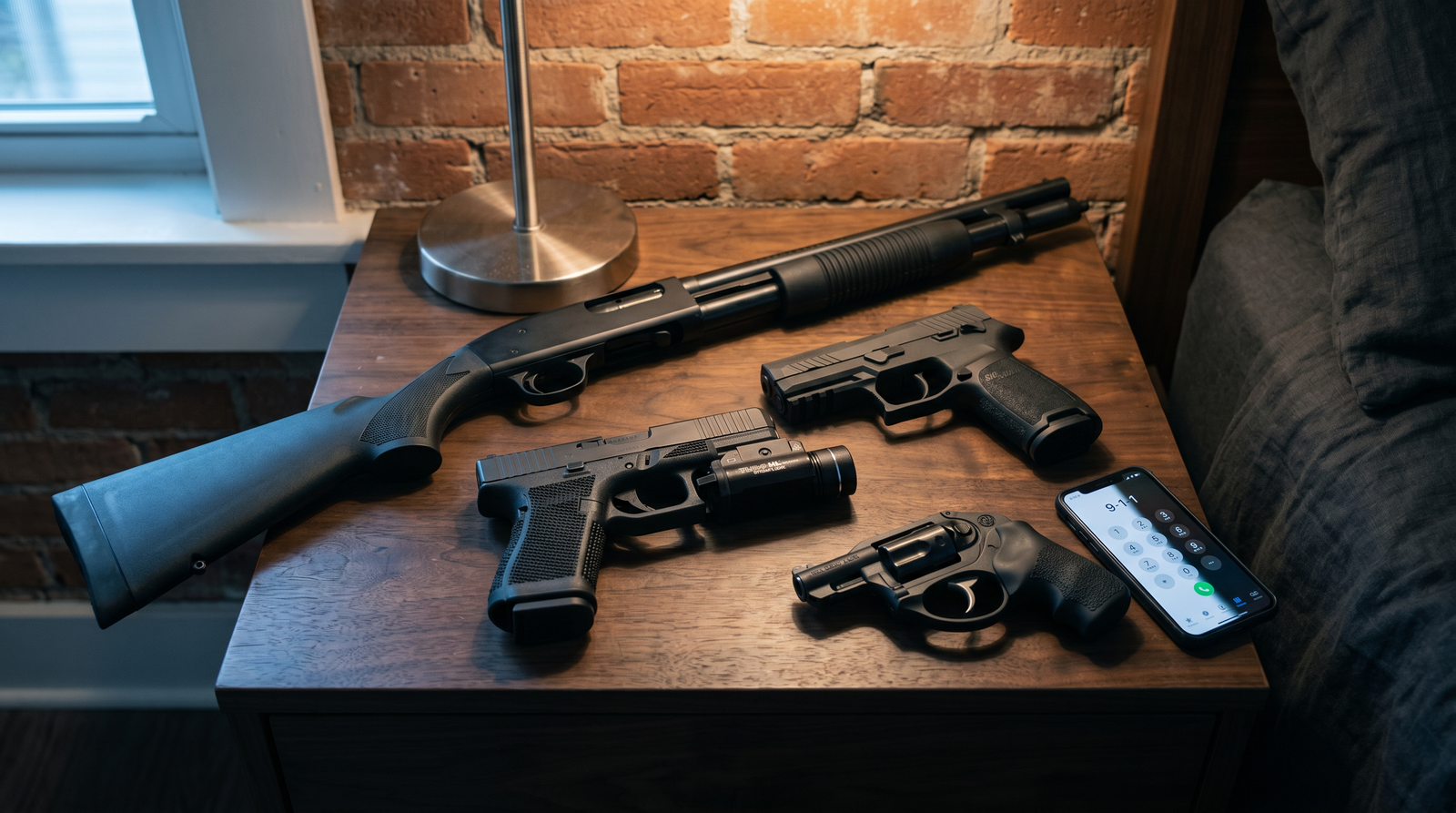 Top-down apartment nightstand staging scene with four home-defense firearms — Glock 19 Gen 6, SIG SAUER P320 Compact, Mossberg 500 Tactical 12-gauge, and Ruger LCR snub revolver — plus Streamlight TLR-1 HL weapon light and smartphone with 9-1-1 dialer on dark walnut surface against out-of-focus exposed brick wall