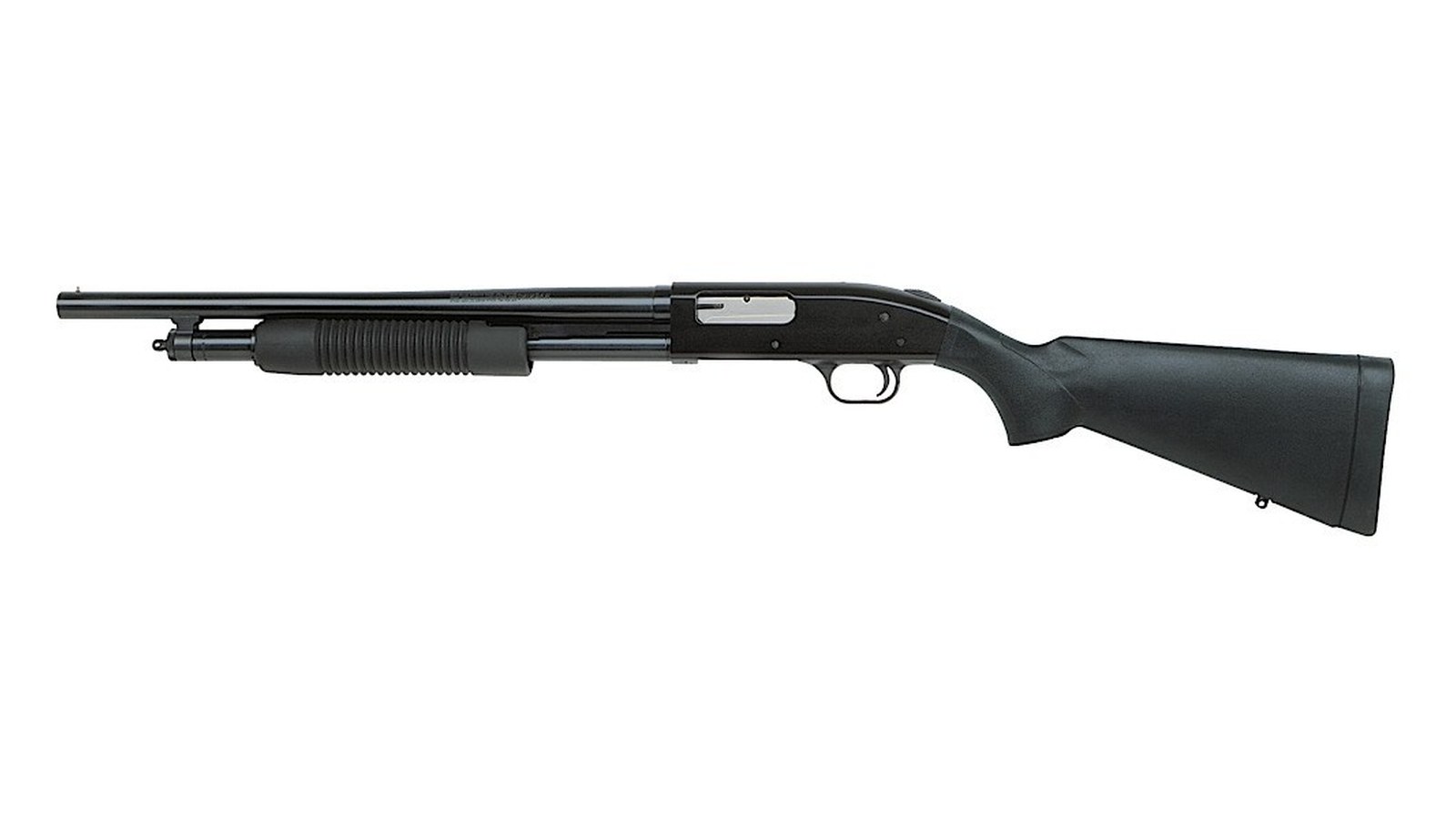 Home Defense for Apartments (2026): Guns, Ammo and Tactics 82 Mossberg 500 Tactical 12-gauge pump-action shotgun with 18.5-inch barrel, black synthetic stock and 6+1 tube magazine — apartment shotgun loaded with Federal #4 buckshot