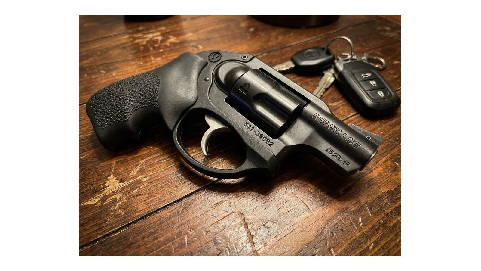Home Defense for Apartments (2026): Guns, Ammo and Tactics 80 Ruger LCR .38 Special +P snub-nose revolver with Hogue rubber grip, 1.875-inch barrel and shrouded hammer — the best double-action only revolver for apartment home defense