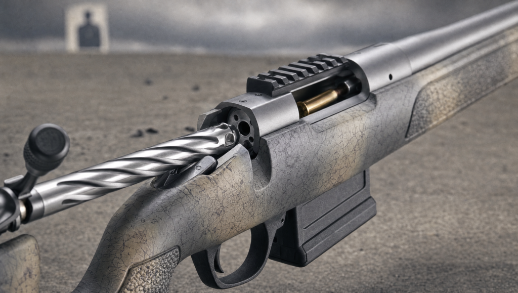Bergara B-14 HMR action with bolt open, two-lug push-feed visible