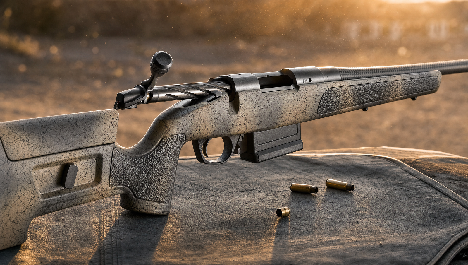 Bergara B-14 HMR Review (2026): 600-Round Test of the Sub-MOA Precision Rifle Under $1,100 7 Bergara B-14 HMR precision bolt-action rifle with speckled tan chassis stock on weathered shooting mat at outdoor long-range bench, golden hour side-light, spent brass scattered