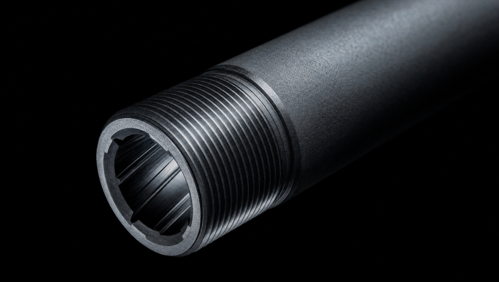 Bergara B-14 HMR threaded muzzle detail, 5/8x24 thread pitch