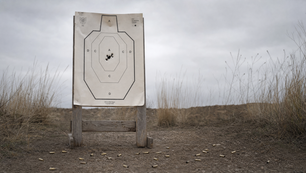 Henry Big Boy X Review (2026): 500 Round Test of the Tactical Lever Gun 7 Paper IPSC silhouette target on a wooden range stand showing a tight 5-shot group in the A-zone with scattered brass .357 Magnum casings on the dirt and prairie grass on an overcast gray day