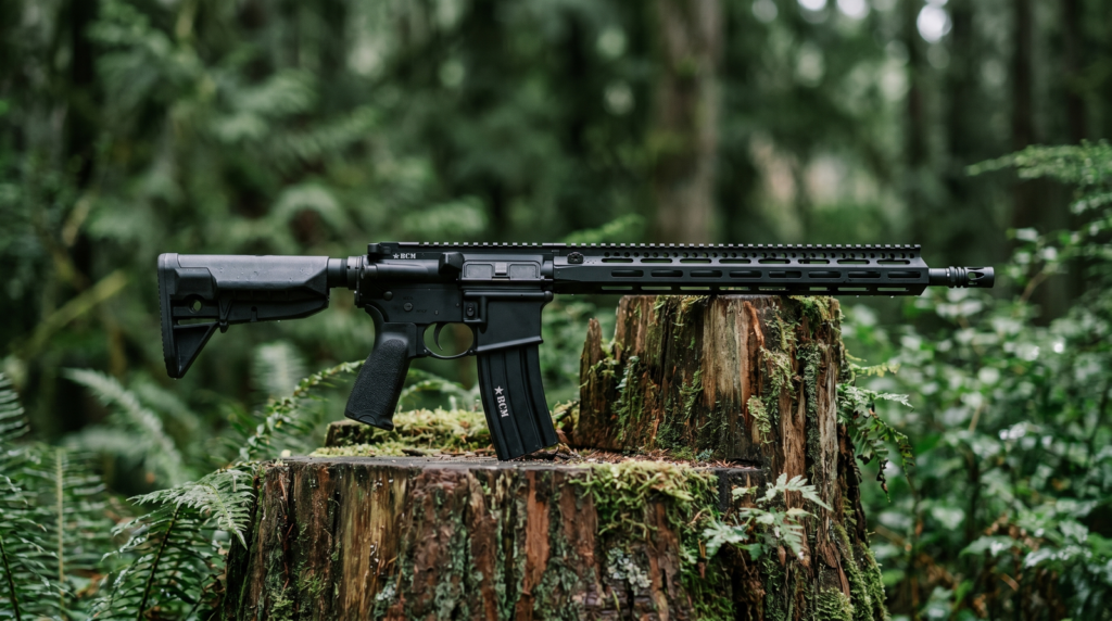 BCM RECCE-16 MCMR Review (2026): 1,500-Round Test of the Duty-Grade Workhorse 3 BCM RECCE-16 MCMR on weathered cedar stump in Pacific Northwest forest, showing BCM star on bolt forward assist and full-length MCMR-15 M-LOK handguard