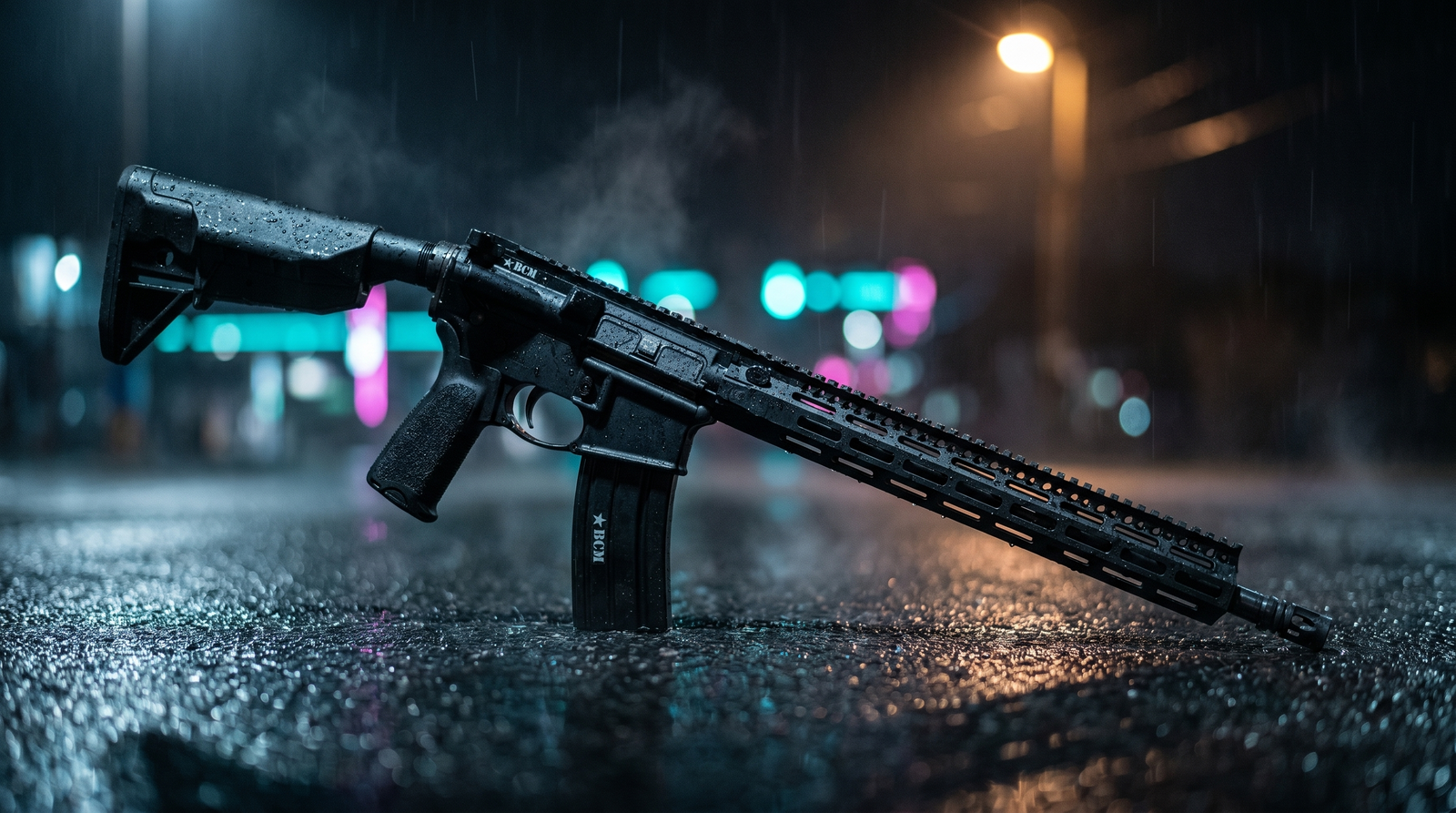 BCM RECCE-16 MCMR Review (2026): 1,500-Round Test of the Duty-Grade Workhorse 1 BCM RECCE-16 MCMR 16 inch 5.56 NATO AR-15 carbine on wet black tarmac at night under sodium-vapor street light and distant teal neon bokeh in light rain