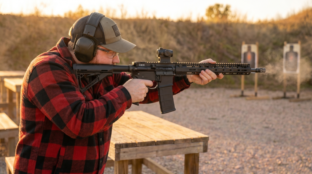 BCM RECCE-16 MCMR Review (2026): 1,500-Round Test of the Duty-Grade Workhorse 12 Shooter running the BCM RECCE-16 MCMR at outdoor range, golden hour side profile, red dot mounted on flat-top