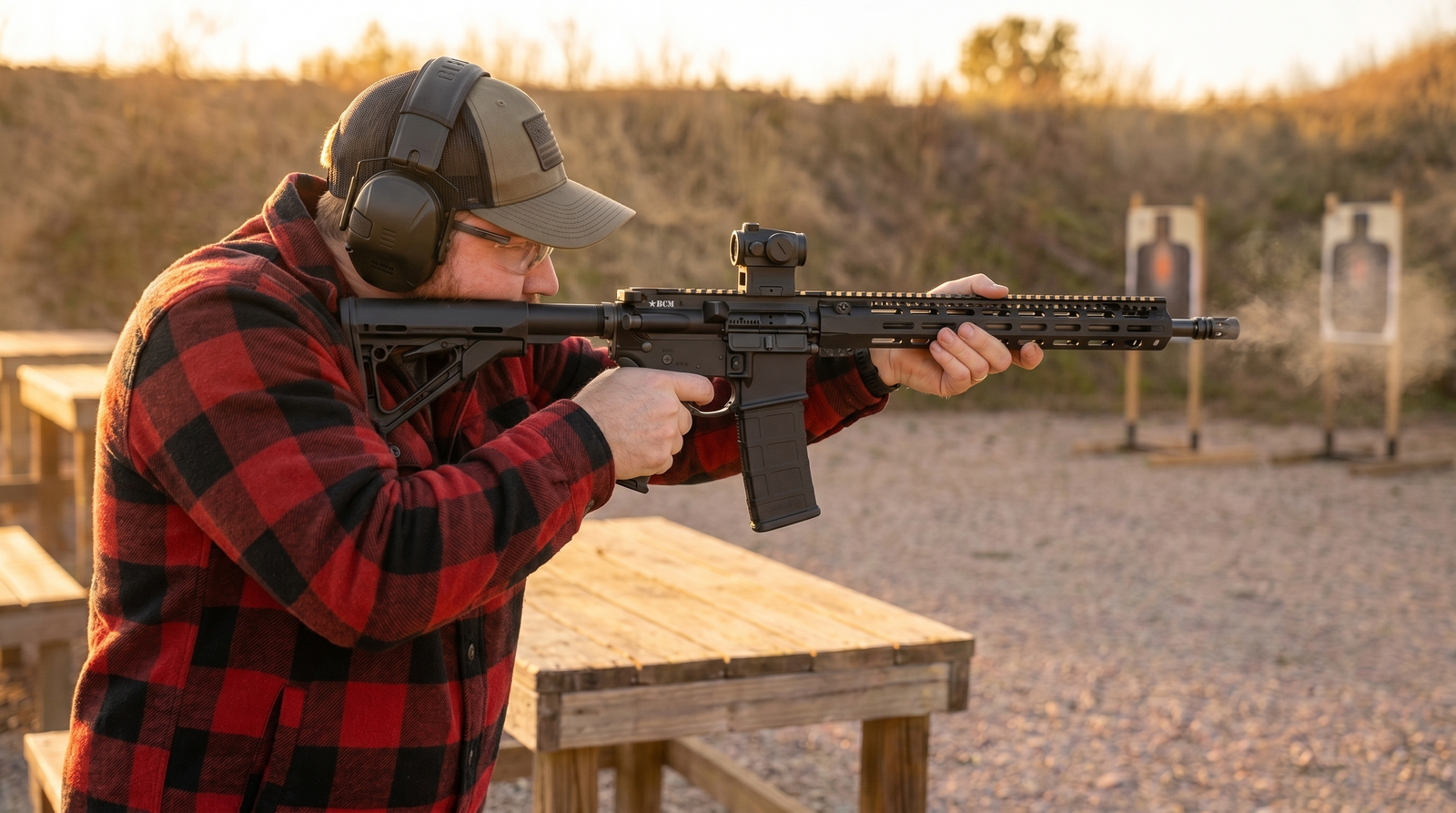 Competition Shooting: The Complete Guide for Beginners 1 Shooter in red plaid flannel side-profile shooting the BCM RECCE-16 MCMR AR-15 at outdoor range golden hour