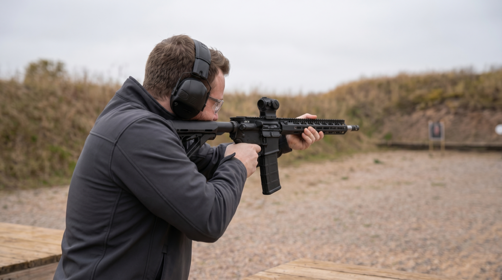 BCM RECCE-16 MCMR Review (2026): 1,500-Round Test of the Duty-Grade Workhorse 14 Three-quarter rear view shooter with BCM RECCE-16 MCMR, overcast outdoor range, target silhouettes in background