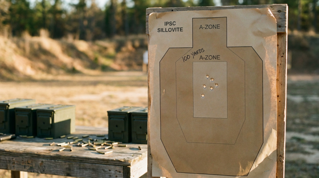 BCM RECCE-16 MCMR Review (2026): 1,500-Round Test of the Duty-Grade Workhorse 13 IPSC silhouette target showing 5-shot group at 100 yards with BCM brass scatter and ammo cans