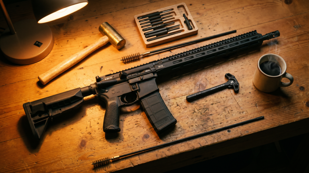 BCM RECCE-16 MCMR Review (2026): 1,500-Round Test of the Duty-Grade Workhorse 15 BCM RECCE-16 MCMR on workbench with gunsmithing tools, brass mallet, cleaning rod, and tungsten task lamp