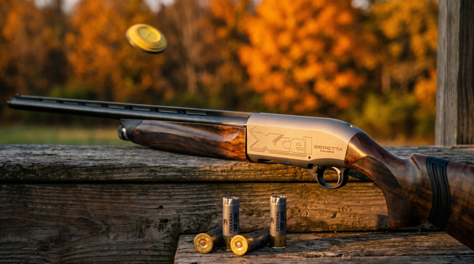 Beretta A400 Xcel Sporting Review 13 Beretta A400 Xcel Sporting on weathered cedar shooting bench at sporting clays station with spent shells in golden hour light
