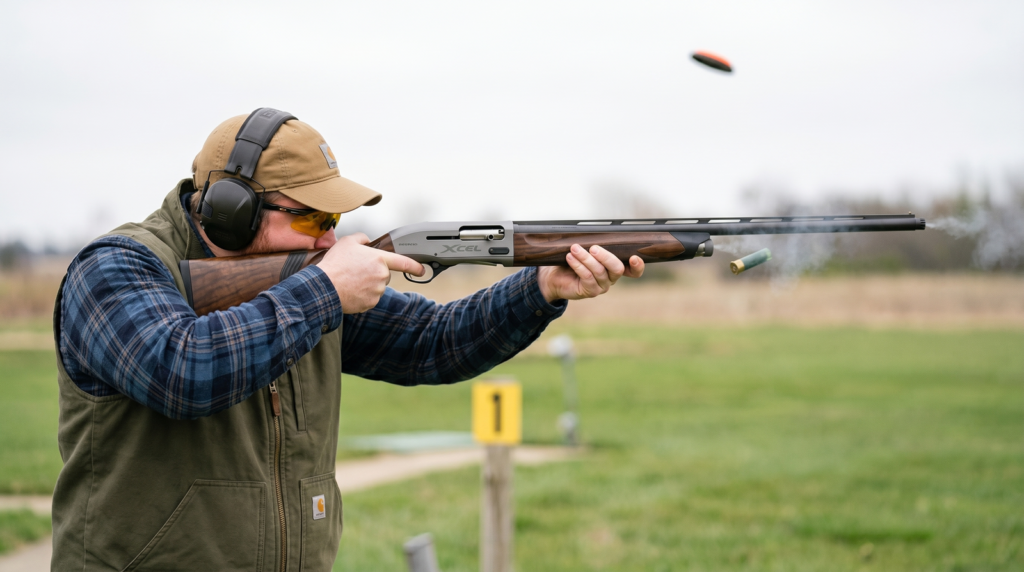 Beretta A400 Xcel Sporting Review 4 Sporting clays competitor mounting the Beretta A400 Xcel at the station with spent shell ejecting