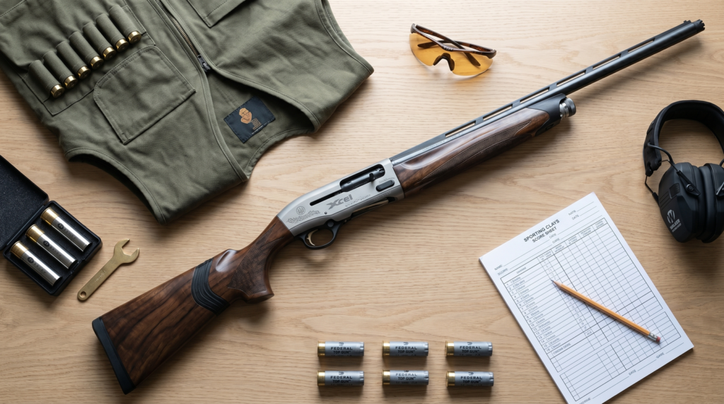 Beretta A400 Xcel Sporting Review 3 Sporting clays morning gear flat-lay with Beretta A400 Xcel center, vest, choke tubes, ear pro, and Federal Top Gun shells