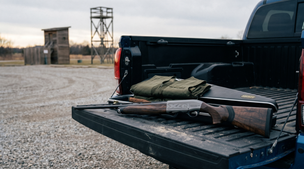 Beretta A400 Xcel Sporting Review 10 Beretta A400 Xcel on pickup tailgate at sporting clays club with trap house and tower in background