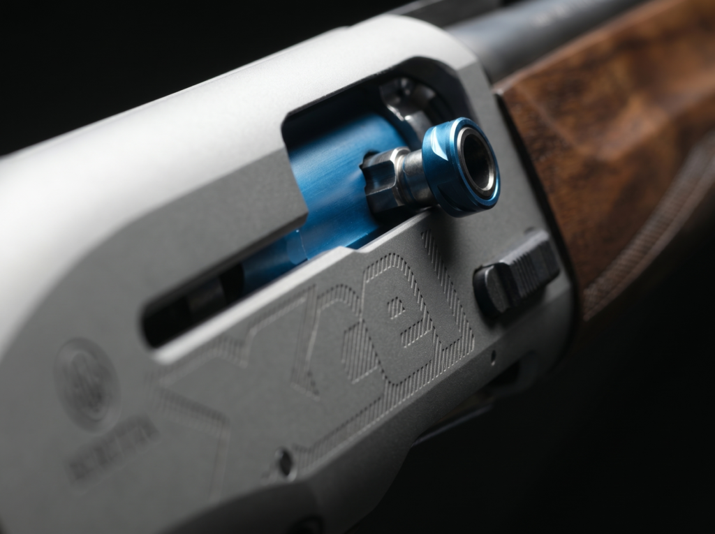 Beretta A400 Xcel Sporting Review 11 Macro detail of the blue-anodized Beretta Blink gas system action visible through the ejection port