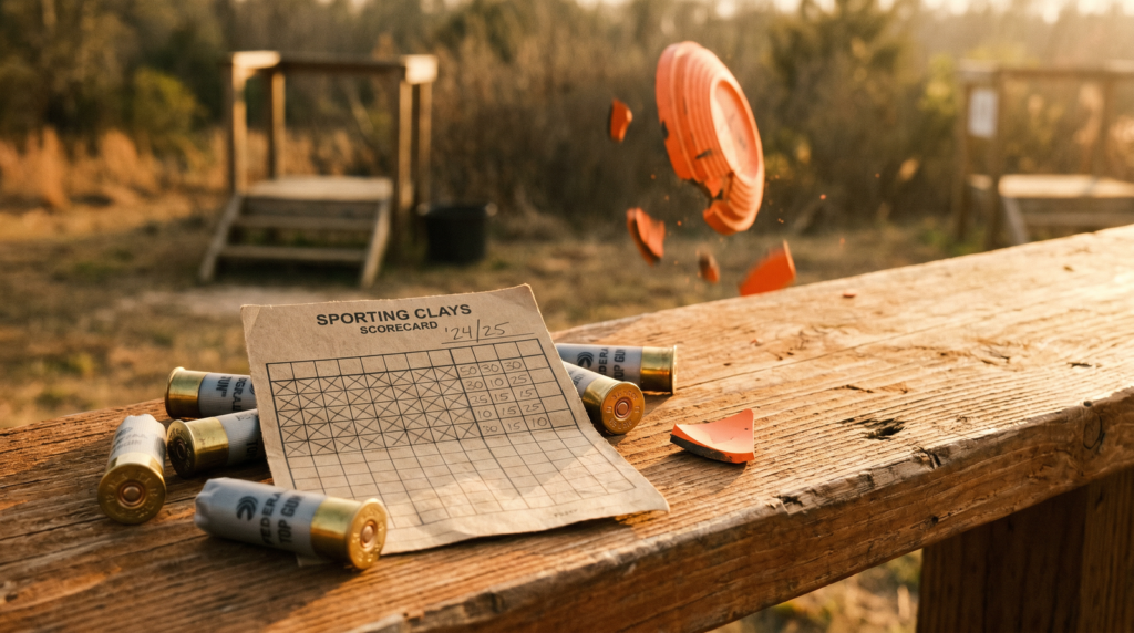 Beretta A400 Xcel Sporting Review 12 Sporting clays scorecard reading 24/25 with broken orange clay and spent shells on weathered cedar bench at sunset