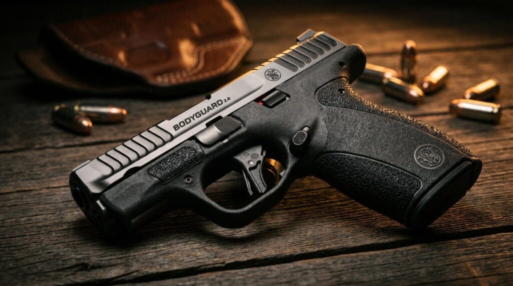 S&W M&P Bodyguard 2.0 Review (2026): 500 Round Test of the New Pocket .380 2 Smith and Wesson MP Bodyguard 2.0 pocket 380 ACP pistol on dark wood gun store counter with leather holster and ammunition in warm tungsten side light