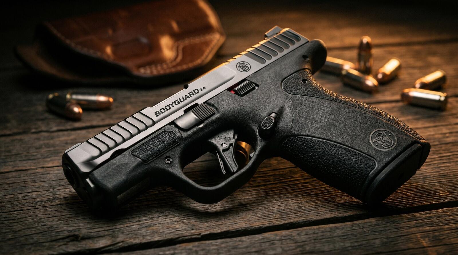 S&W M&P Bodyguard 2.0 Review (2026): 500 Round Test of the New Pocket .380 1 Smith and Wesson MP Bodyguard 2.0 pocket 380 ACP pistol with BODYGUARD 2.0 engraved slide on dark wood gun store counter with leather holster and ammunition in warm tungsten side light