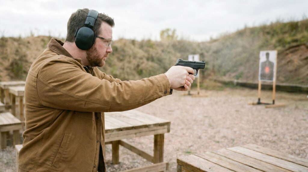 S&W M&P Bodyguard 2.0 Review (2026): 500 Round Test of the New Pocket .380 10 Shooter in tan Carhartt jacket and ear pro shooting the Smith Wesson MP Bodyguard 2.0 pocket 380 at an outdoor gravel range with sand berm and silhouette targets in overcast diffused light