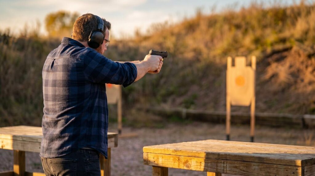 S&W M&P Bodyguard 2.0 Review (2026): 500 Round Test of the New Pocket .380 11 Three-quarter rear view of shooter in navy flannel testing the Smith Wesson Bodyguard 2.0 pocket 380 pistol at a wooden shooting bench in golden hour late-afternoon light