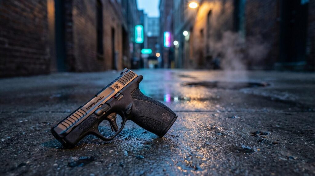 S&W M&P Bodyguard 2.0 Review (2026): 500 Round Test of the New Pocket .380 3 Smith Wesson MP Bodyguard 2.0 pocket 380 ACP pistol on rain-wet dark concrete in a blue-hour urban alley with teal neon bokeh and warm sodium-vapor rim light
